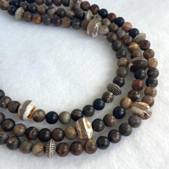 Sterling Silver 925 Tiered Brown Jasper Agate Layered 3 Strand Beaded Necklace - Picture 6 of 16